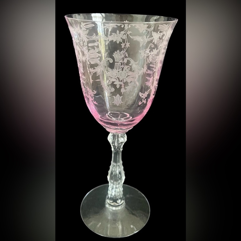 Pink Etched Crystal Wine Goblet - Elegant Stemware - Picture 3 of 4